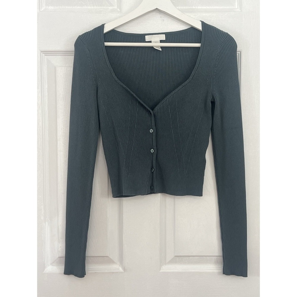 H&M Ribbed Knit Cardigan Top Button Front Fitted Crop Teal Casual Chic Cozy Sz S - Picture 2 of 7